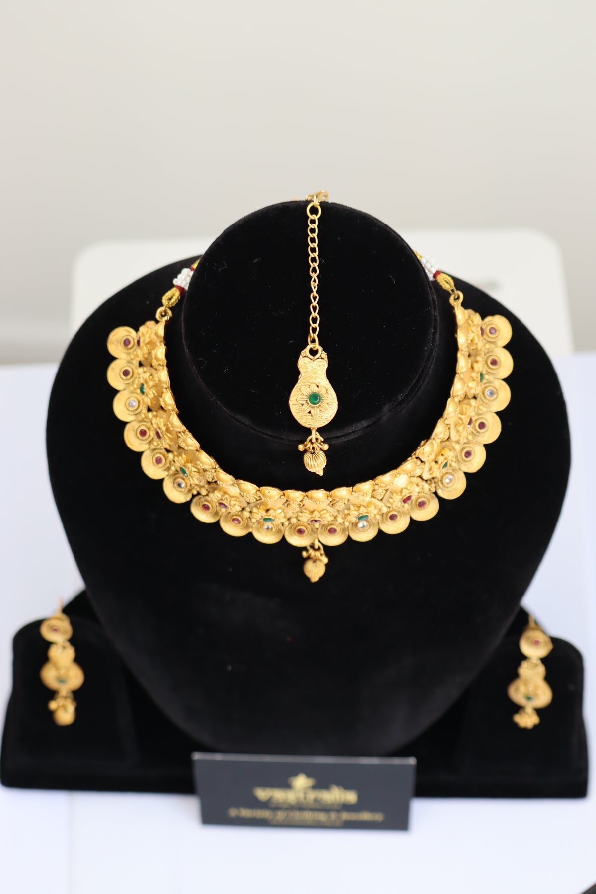 Matte Gold Broad Temple Choker Necklace Set with Maang Tikka