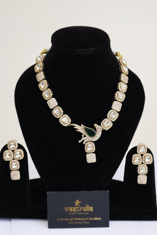 Emerald Peacock Kundan & CZ Statement Necklace Set