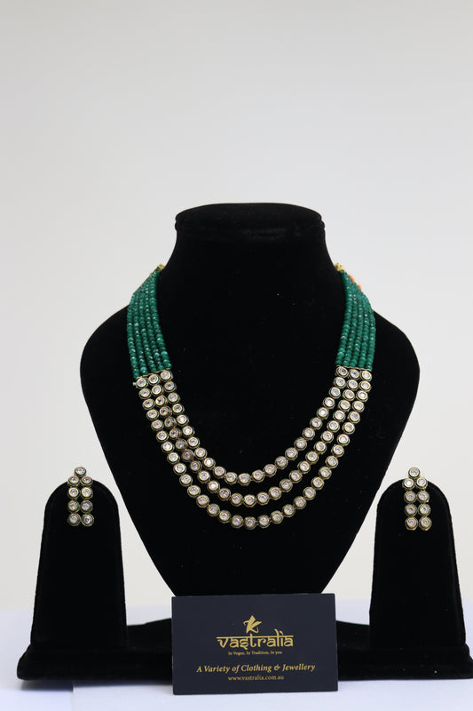 Emerald Beaded Multi-Layer Kundan Necklace Set in Antique Faded Gold