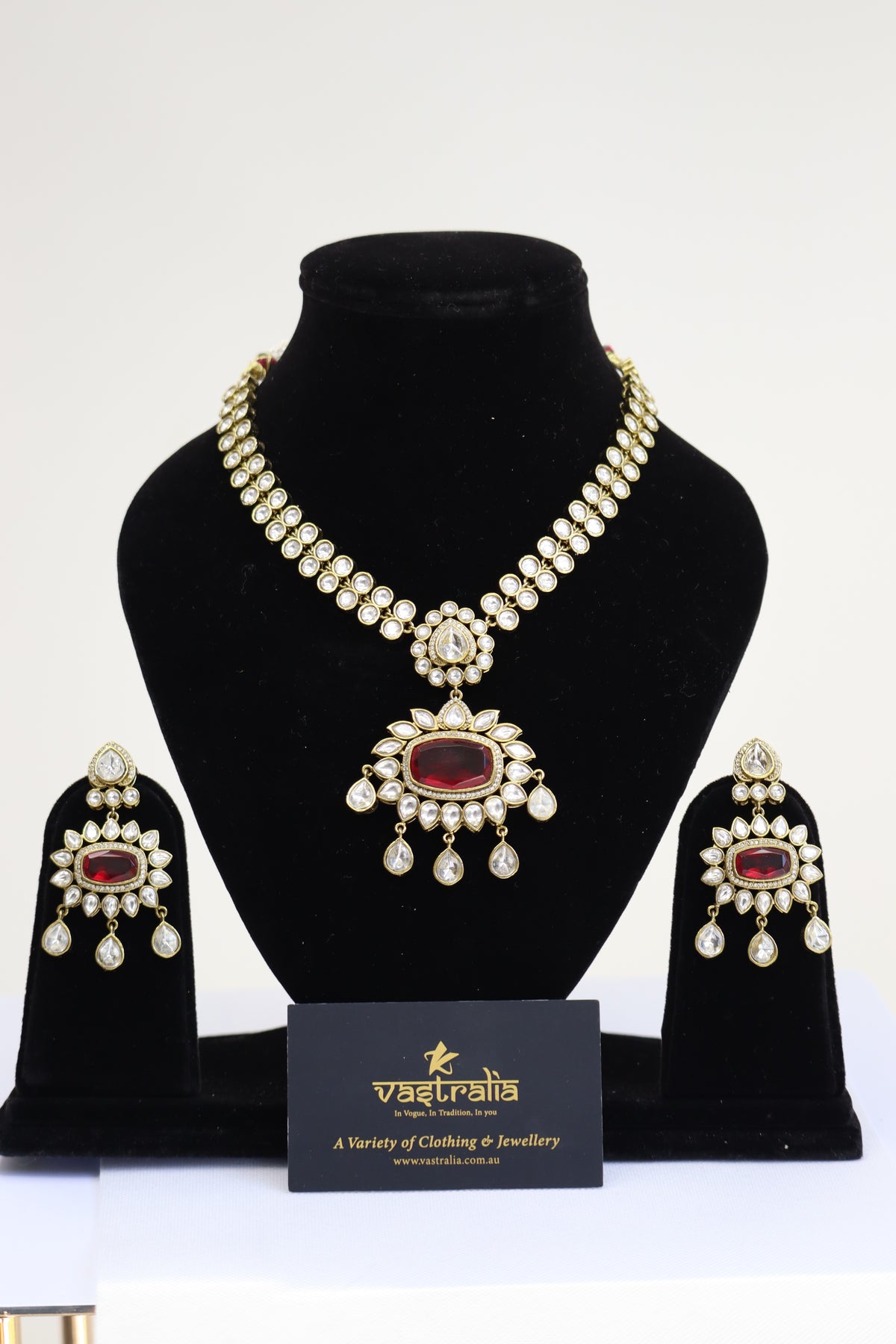 Ruby Red Oval Gemstone Kundan Pendant Necklace Set