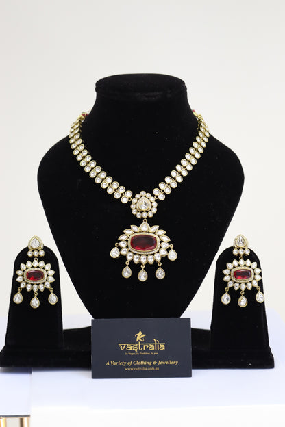 Ruby Red Oval Gemstone Kundan Pendant Necklace Set