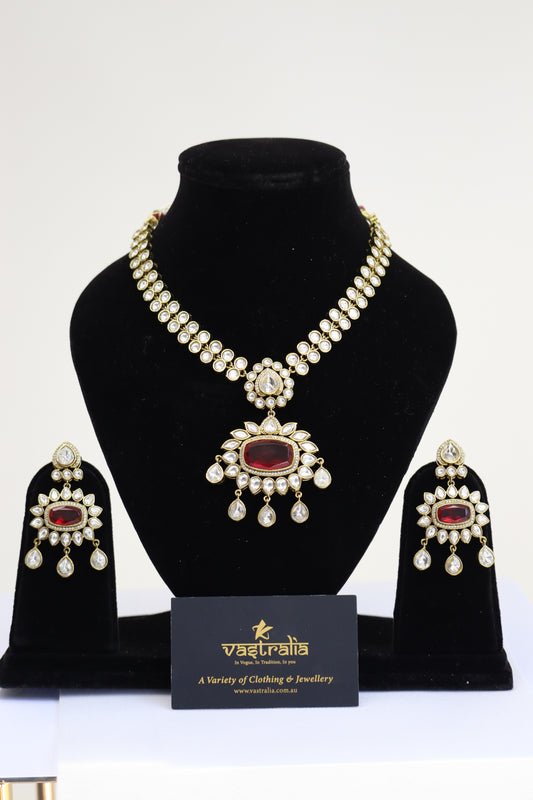 Ruby Red Oval Gemstone Kundan Pendant Necklace Set