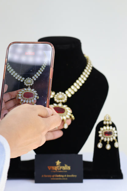 Ruby Red Oval Gemstone Kundan Pendant Necklace Set