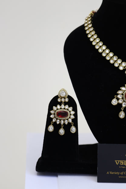 Ruby Red Oval Gemstone Kundan Pendant Necklace Set