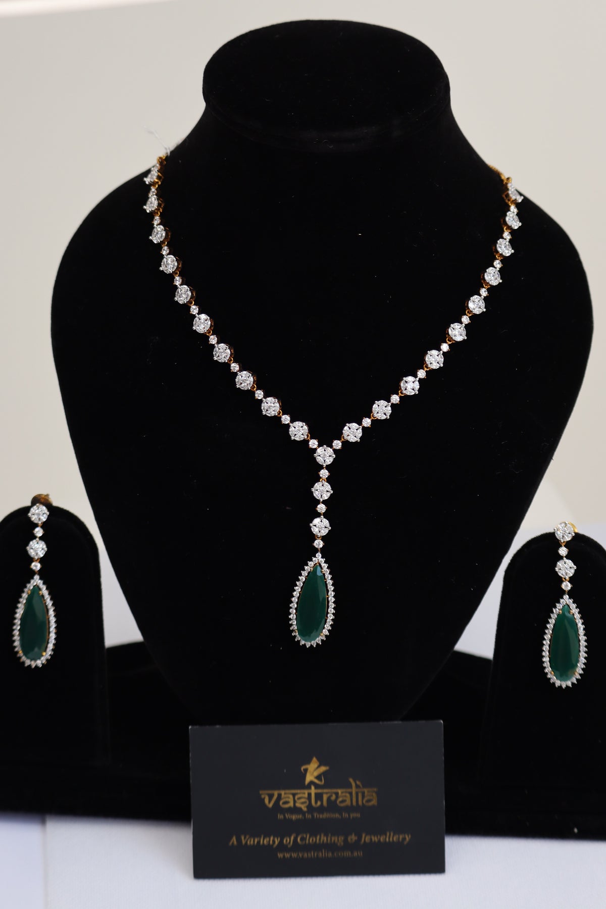 CZ Delicate Y-Necklace Set with Teardrop Gemstone Pendant (Available in Emerald Green & Ruby Red)