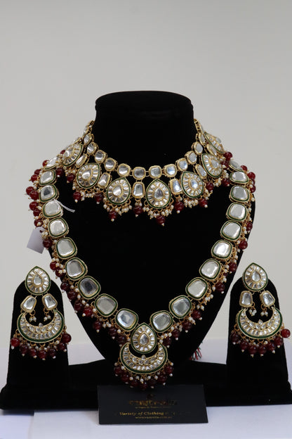 Royal Maroon Beaded Kundan Choker & Long Haram Bridal Jewellery Set with Maang Tikka