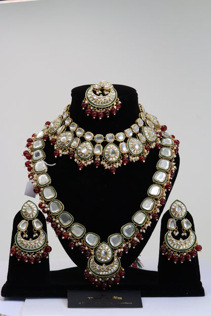 Royal Maroon Beaded Kundan Choker & Long Haram Bridal Jewellery Set with Maang Tikka