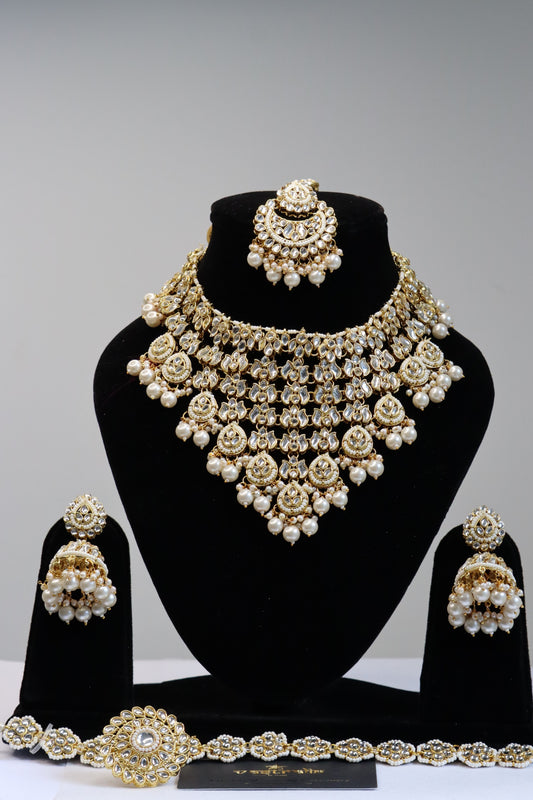 Royal Pearl & Kundan Grand Bridal Necklace Set with Jhumkas, Maang Tikka, and Sheeshpatti / Matha Patti