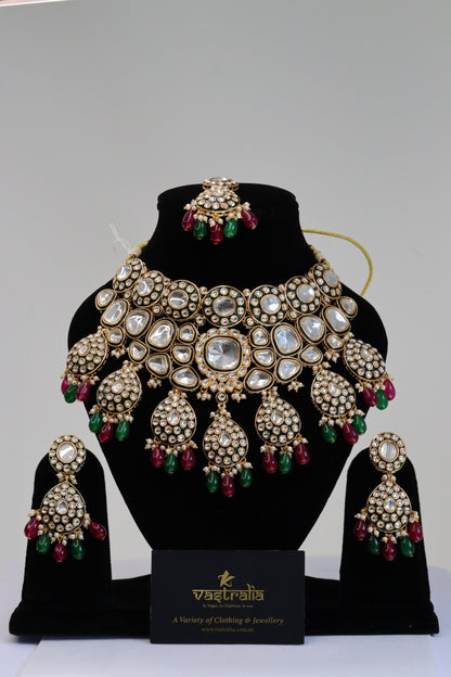 Royal Green Enamel Kundan Statement Choker Necklace Set with Maang Tikka & Drops