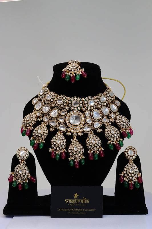 Royal Green Enamel Kundan Statement Choker Necklace Set with Maang Tikka & Drops