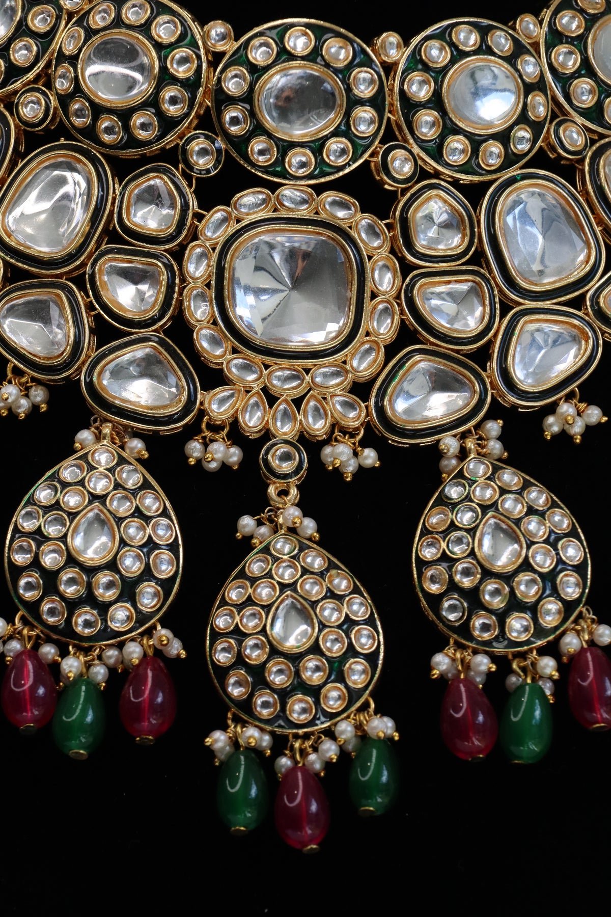 Royal Green Enamel Kundan Statement Choker Necklace Set with Maang Tikka & Drops