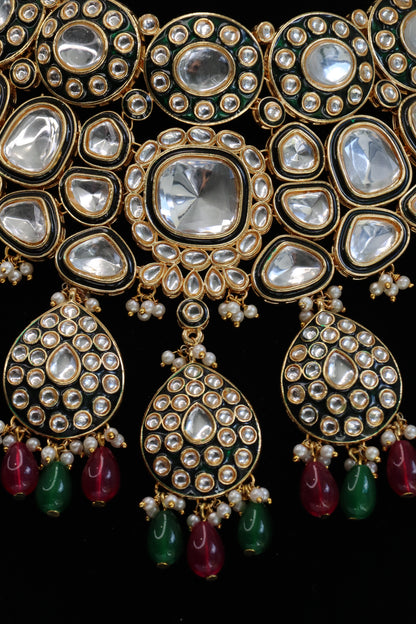 Royal Green Enamel Kundan Statement Choker Necklace Set with Maang Tikka & Drops