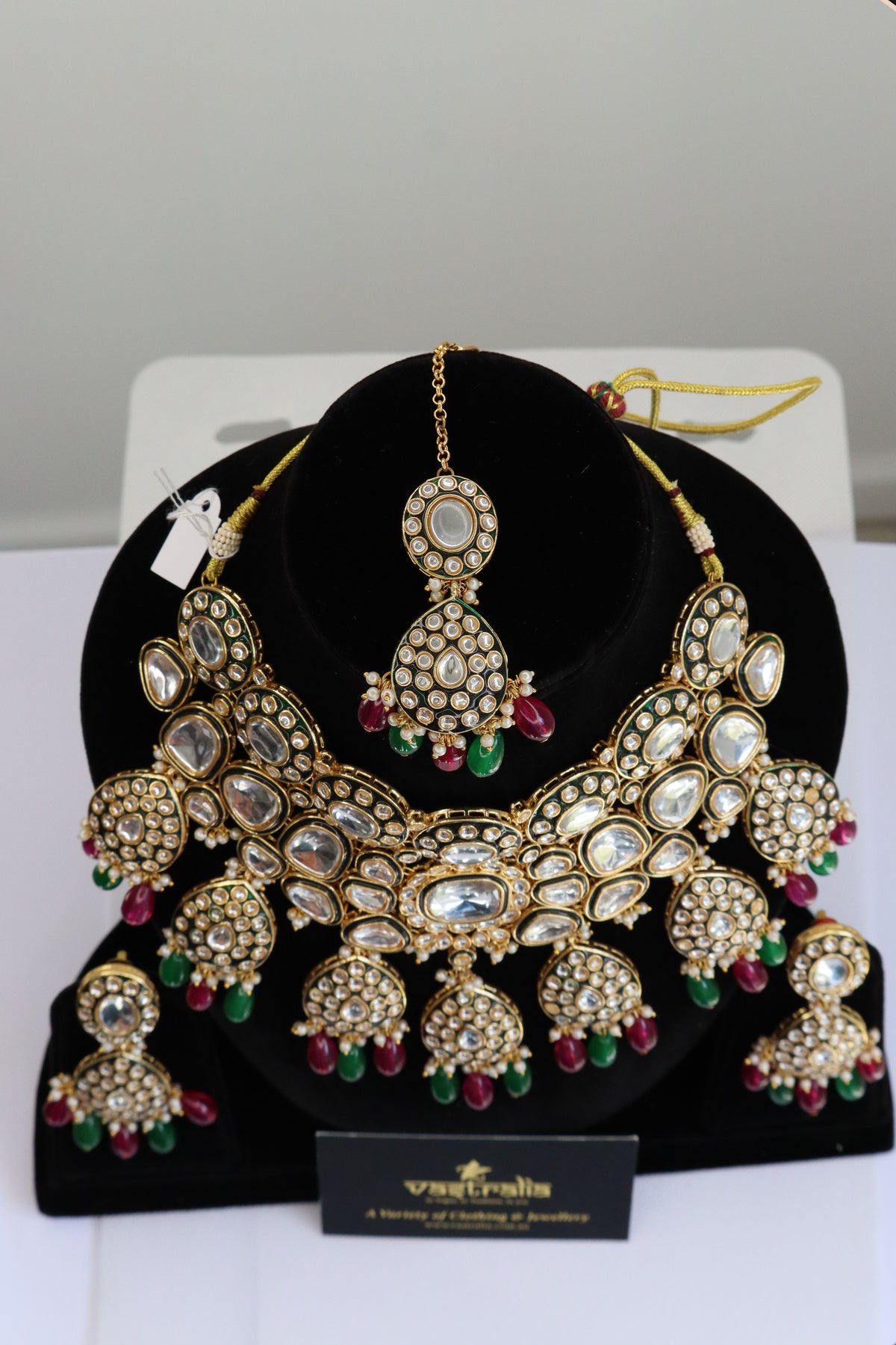 Royal Green Enamel Kundan Statement Choker Necklace Set with Maang Tikka & Drops