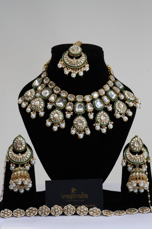 Royal Green Enamel Pearl Kundan Bridal Choker Set with Chandbali Jhumkas, Maang Tikka & Sheeshpatti