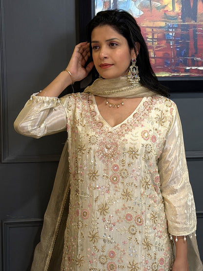 Ethereal Ivory & Soft Pink – Hand-Embroidered Tissue 3 piece Kurta Set