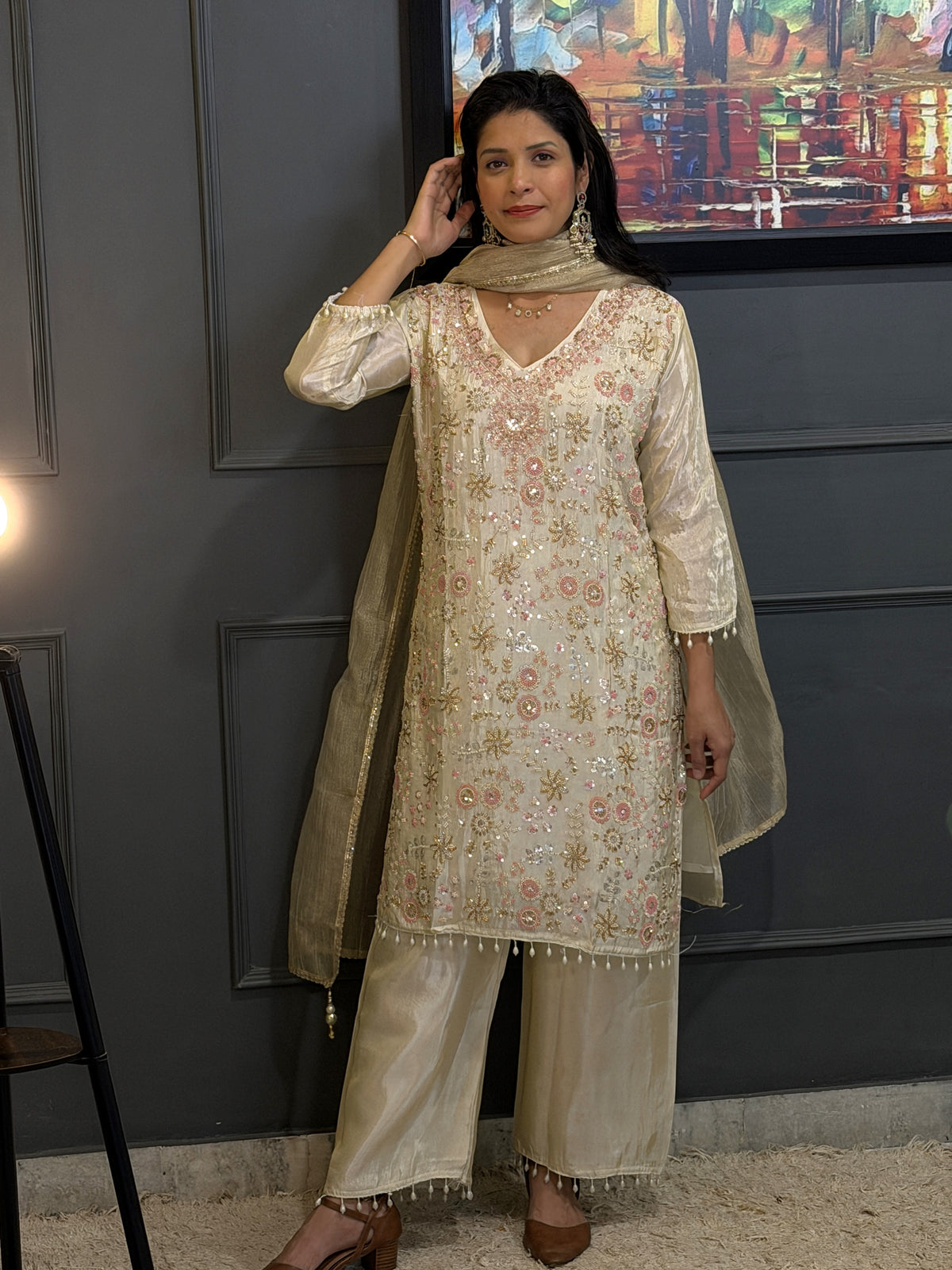 Ethereal Ivory & Soft Pink – Hand-Embroidered Tissue 3 piece Kurta Set