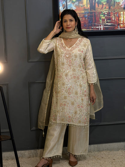 Ethereal Ivory & Soft Pink – Hand-Embroidered Tissue 3 piece Kurta Set