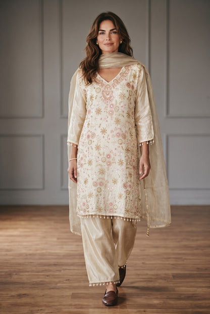 Ethereal Ivory & Soft Pink – Hand-Embroidered Tissue 3 piece Kurta Set