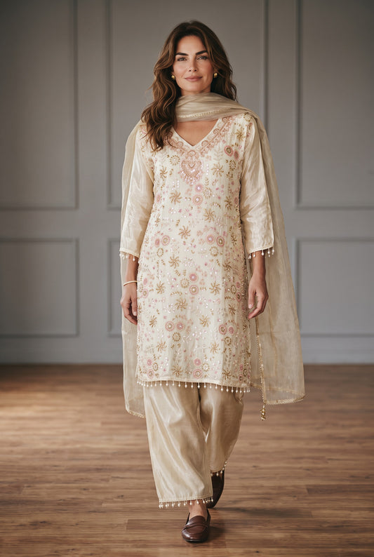 Ethereal Ivory & Soft Pink – Hand-Embroidered Tissue 3 piece Kurta Set
