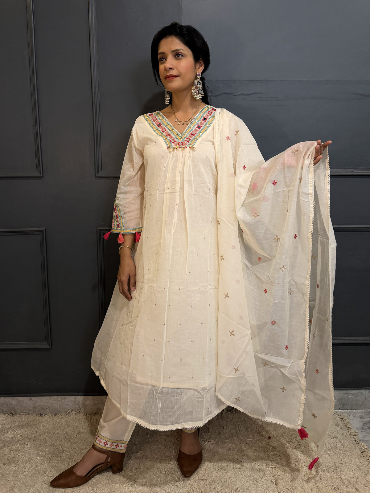 Ivory Off-White Embroidered Anarkali Suit Set with Dupatta
