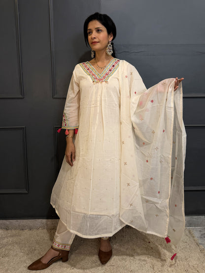 Ivory Off-White Embroidered Anarkali Suit Set with Dupatta