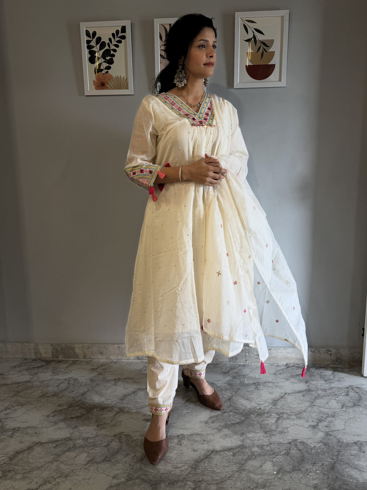 Ivory Off-White Embroidered Anarkali Suit Set with Dupatta