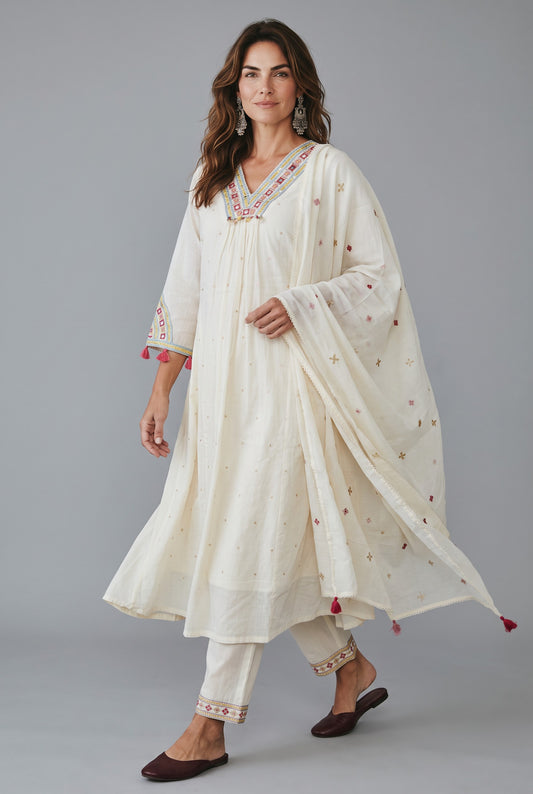 Ivory Off-White Embroidered Anarkali Suit Set with Dupatta