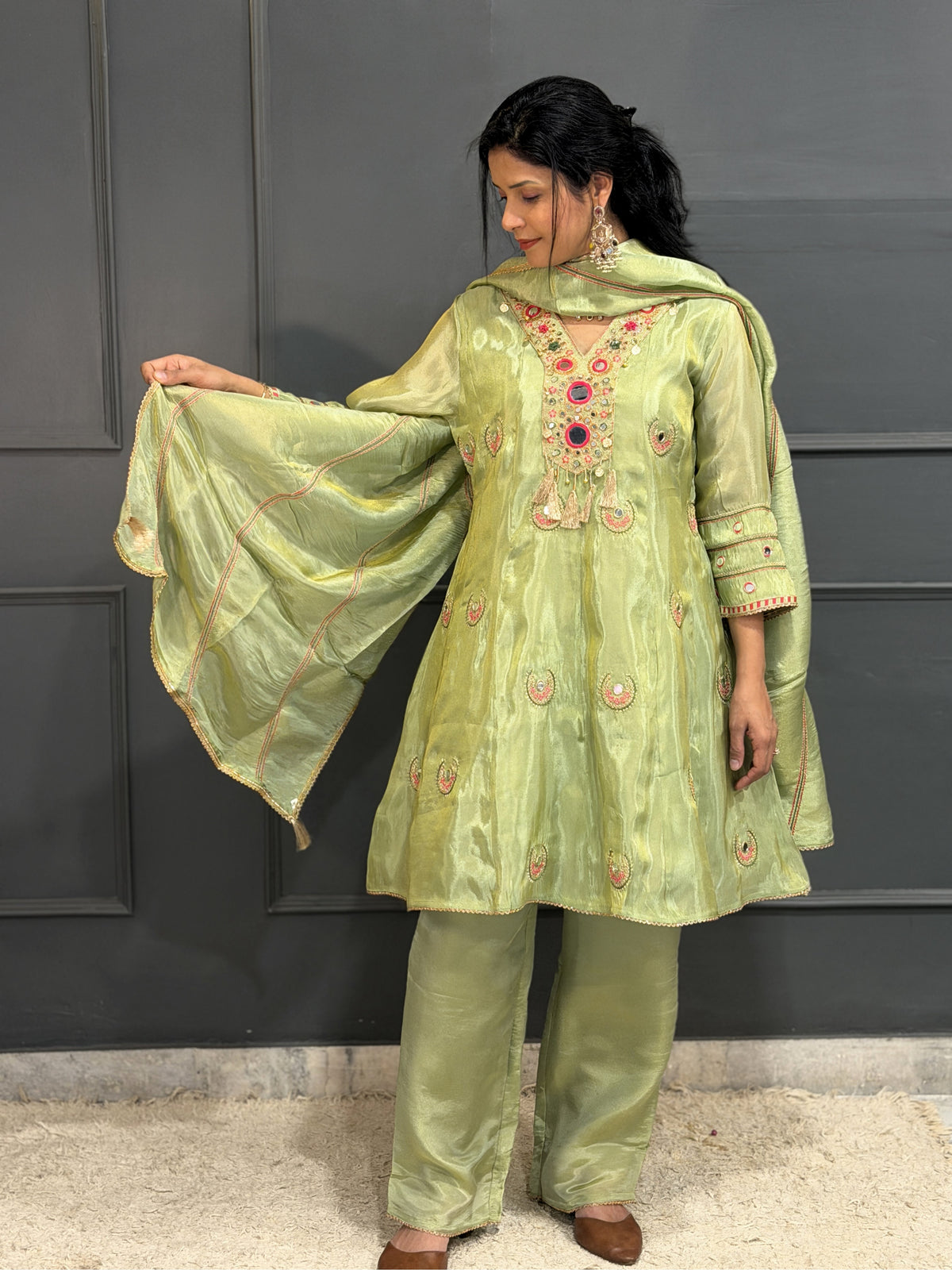 Sage Green Tissue Silk Short Anarkali Suit Set with Dupatta