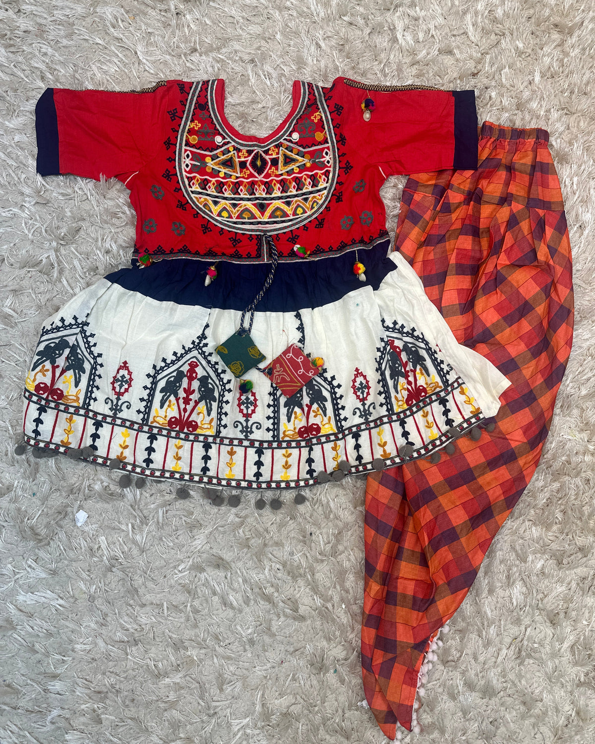 Multicolour Embroidered Peplum Tunic Kediyu with Checked Dhoti Pants Set