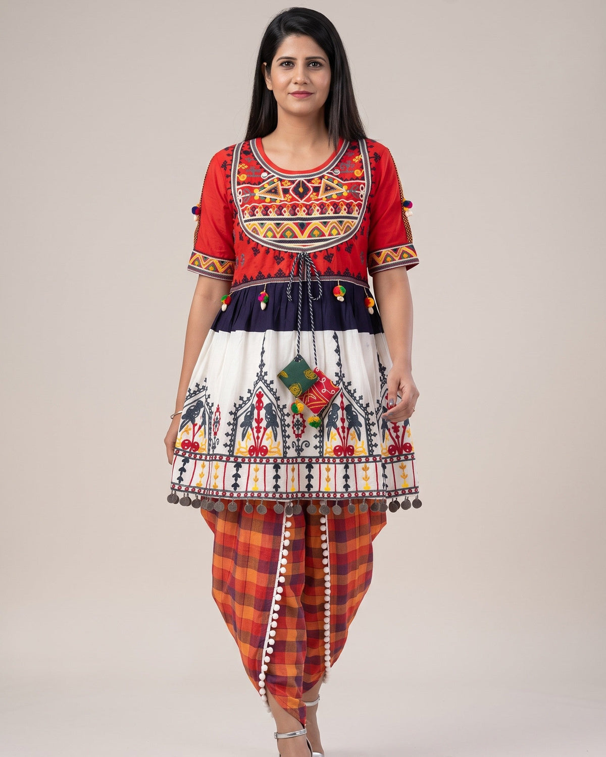 Multicolour Embroidered Peplum Tunic Kediyu with Checked Dhoti Pants Set