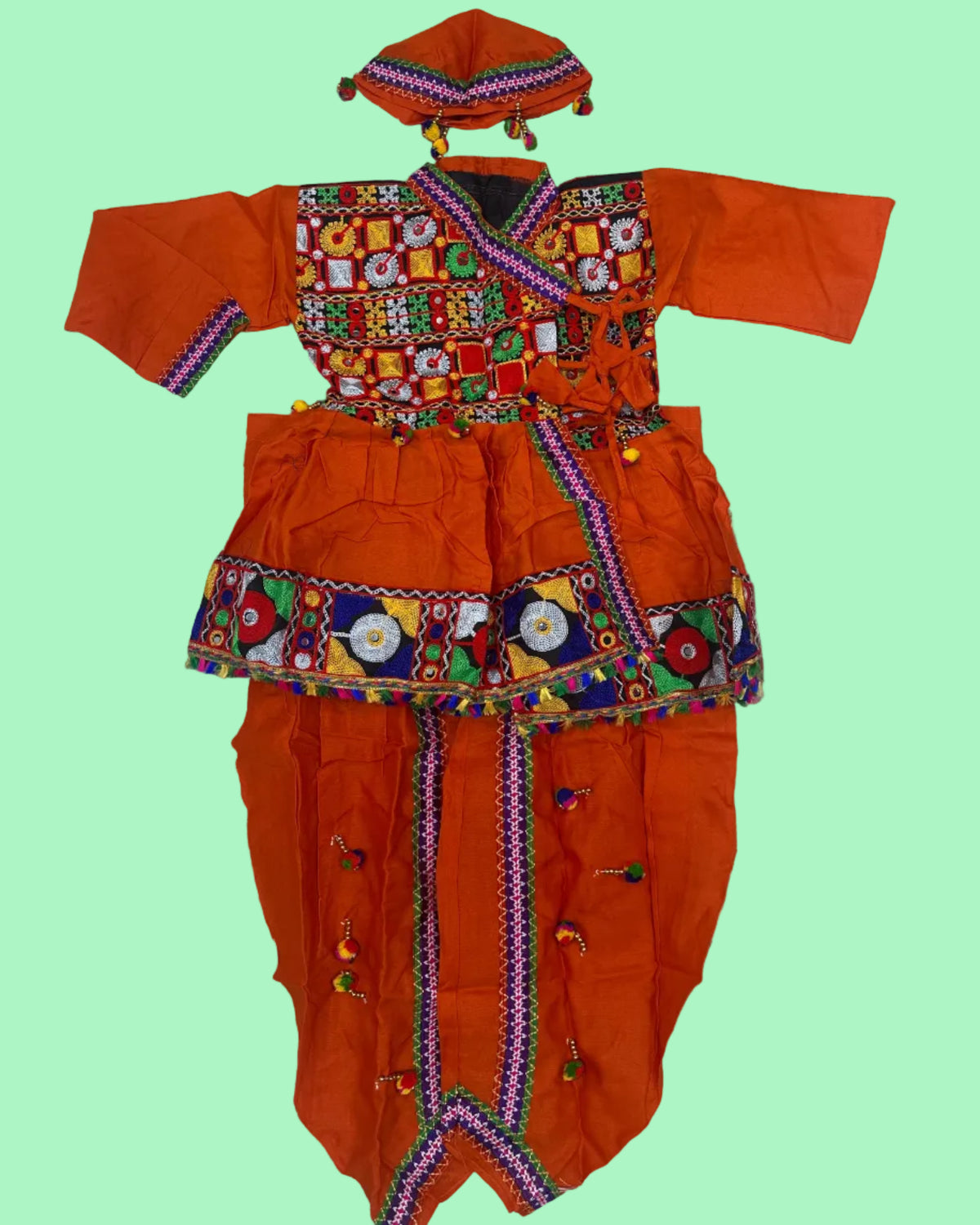 Kids Kutchi Embroidered Mirror Work Angrakha Kediyu Dhoti Set with Cap