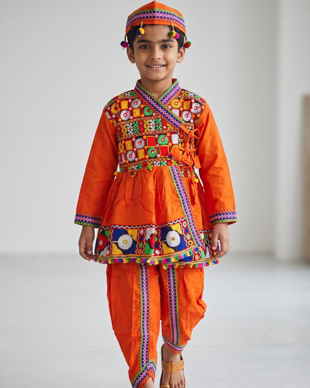 Kids Kutchi Embroidered Mirror Work Angrakha Kediyu Dhoti Set with Cap