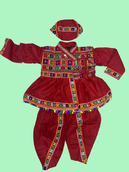 Kids Kutchi Embroidered Mirror Work Angrakha Kediyu Dhoti Set with Cap