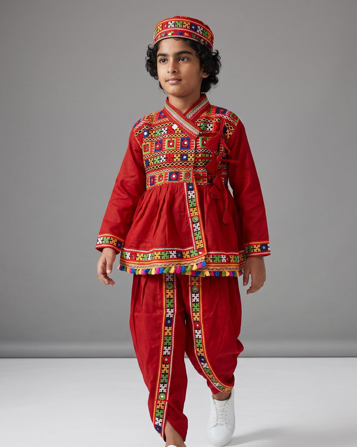 Kids Kutchi Embroidered Mirror Work Angrakha Kediyu Dhoti Set with Cap