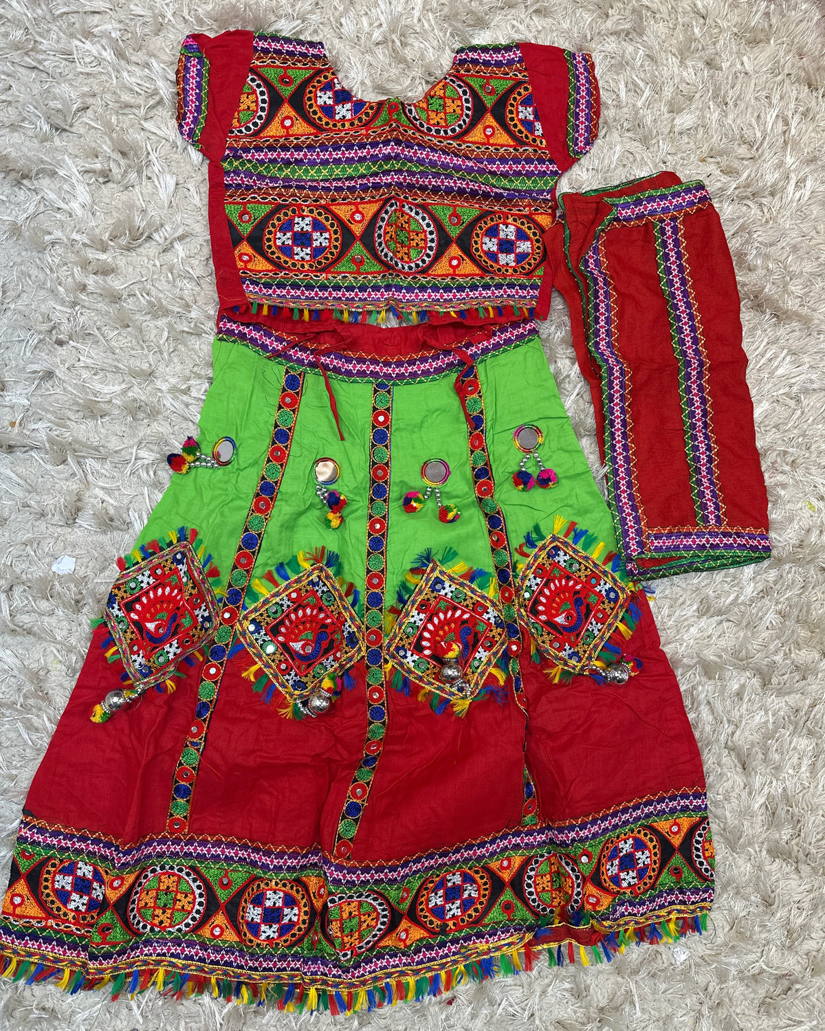 Girls Kutchi Embroidered Mirror Work Lehenga Choli Set with Dupatta