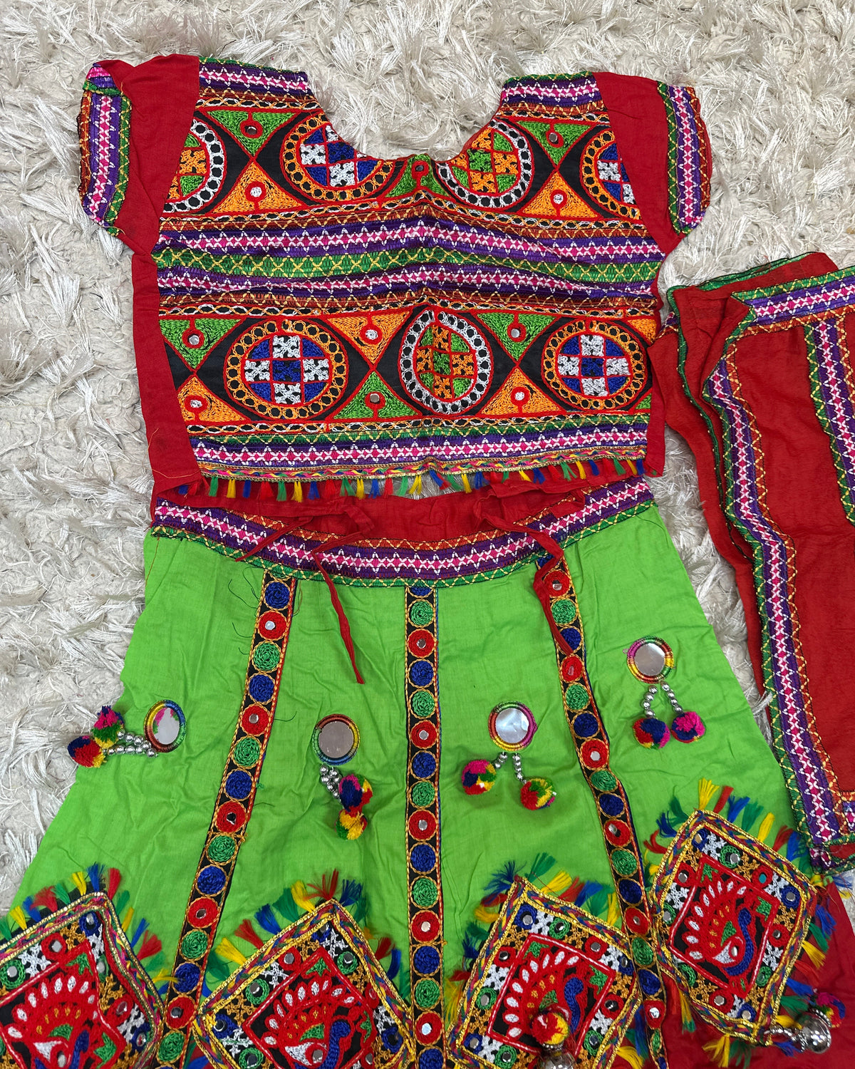 Girls Kutchi Embroidered Mirror Work Lehenga Choli Set with Dupatta
