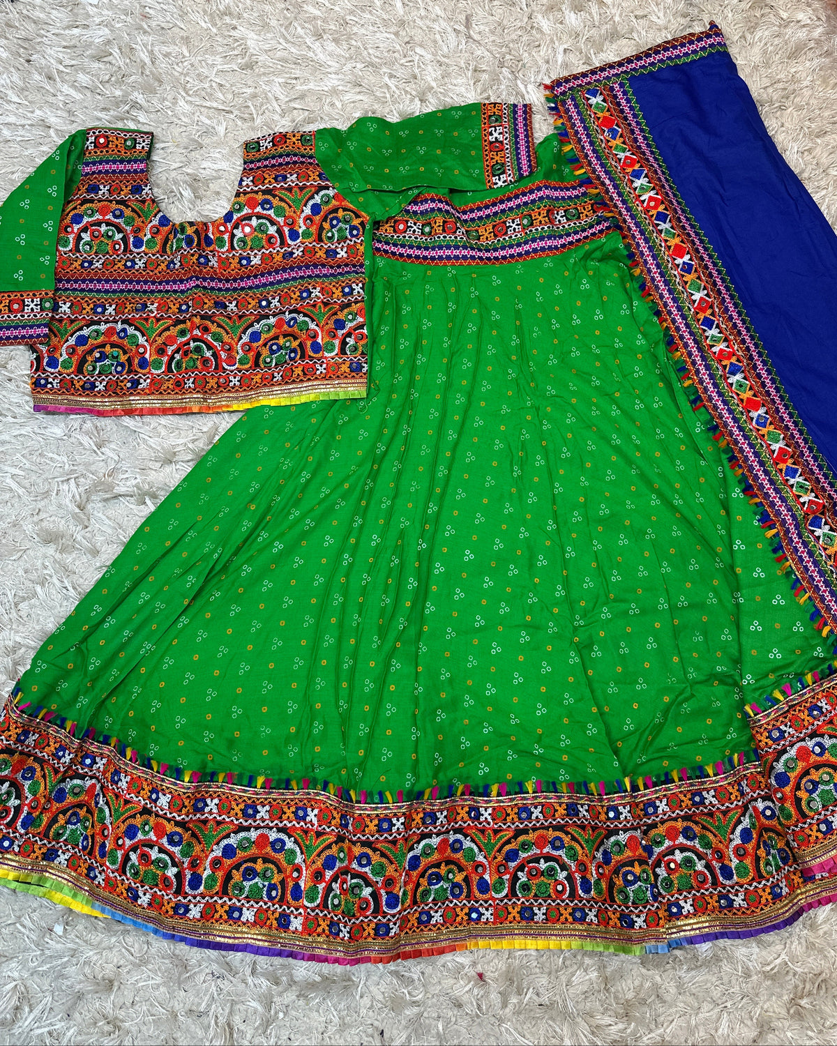 Green Bandhani Embroidered Navratri Lehenga Choli Set with Blue Dupatta