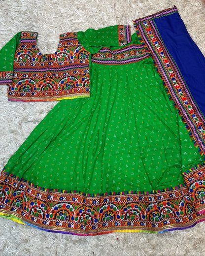 Green Bandhani Embroidered Navratri Lehenga Choli Set with Blue Dupatta