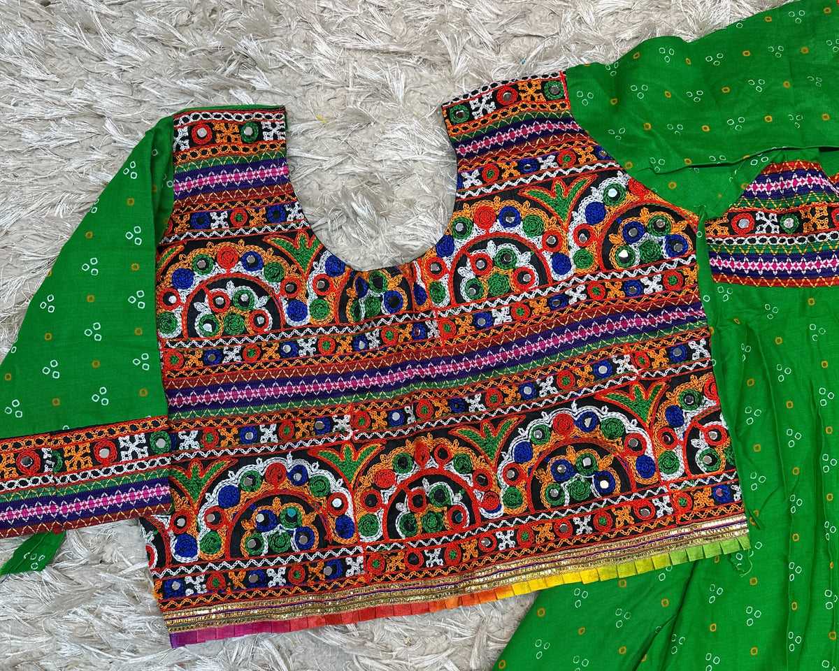 Green Bandhani Embroidered Navratri Lehenga Choli Set with Blue Dupatta