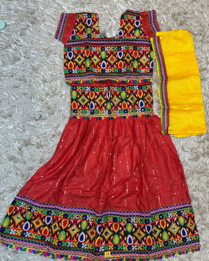 Girls Red Kutchi Embroidered Mirror Work Lehenga Choli Set with Yellow Dupatta