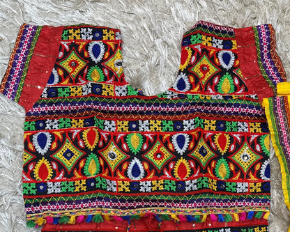 Girls Red Kutchi Embroidered Mirror Work Lehenga Choli Set with Yellow Dupatta