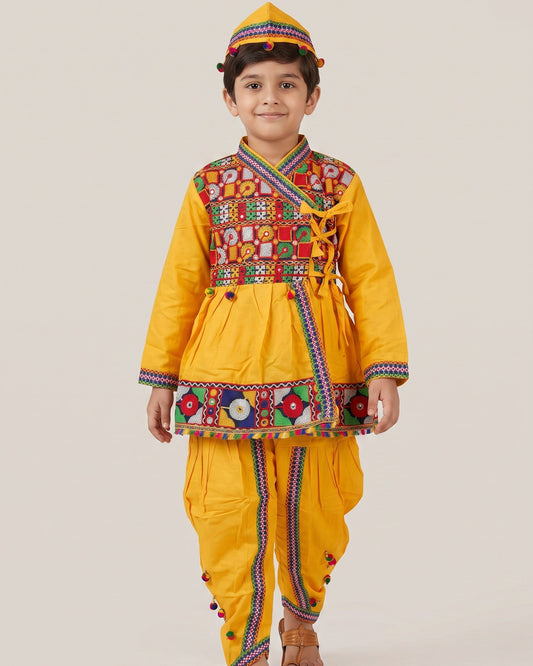 Kids Kutchi Embroidered Mirror Work Angrakha Kediyu Dhoti Set with Cap