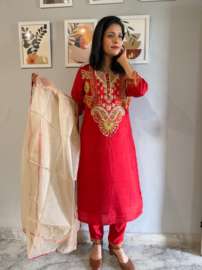 Crimson Red Embroidered Silk Straight Kurta Set with Gold Dupatta