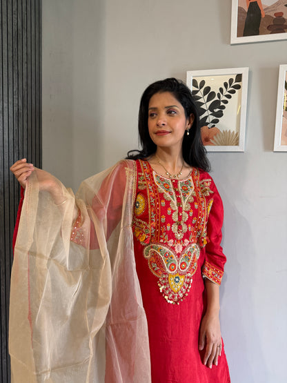 Crimson Red Embroidered Silk Straight Kurta Set with Gold Dupatta