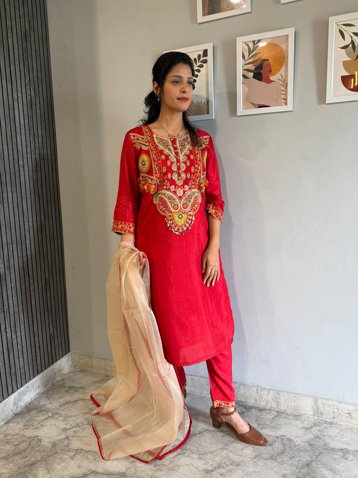 Crimson Red Embroidered Silk Straight Kurta Set with Gold Dupatta