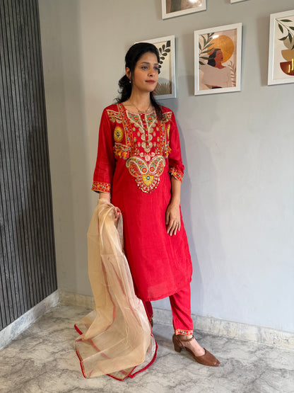 Crimson Red Embroidered Silk Straight Kurta Set with Gold Dupatta