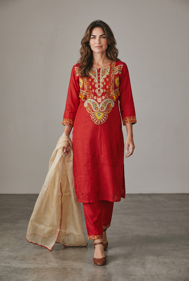Crimson Red Embroidered Silk Straight Kurta Set with Gold Dupatta