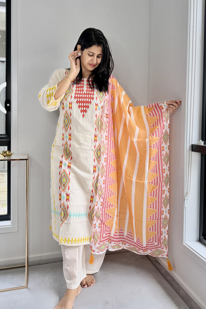 Off-White & Yellow Geometric Print Cotton Kurta Pant Set with Dupatta