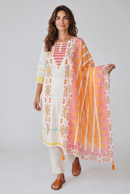 Off-White & Yellow Geometric Print Cotton Kurta Pant Set with Dupatta
