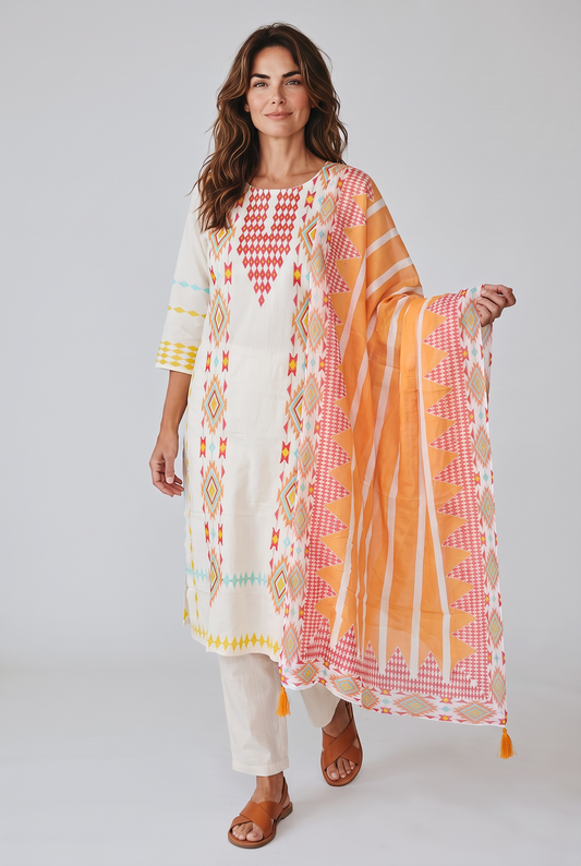 Off-White & Yellow Geometric Print Cotton Kurta Pant Set with Dupatta